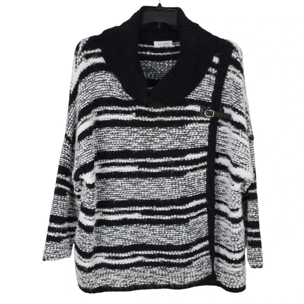 Calvin Klein Cowl Neck Sweater Cape  L/XL Black White Chunky‎ Long Sleeve
